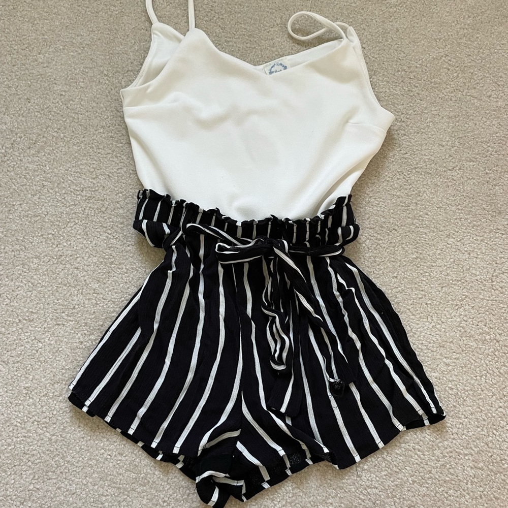 White and Black Striped Romper